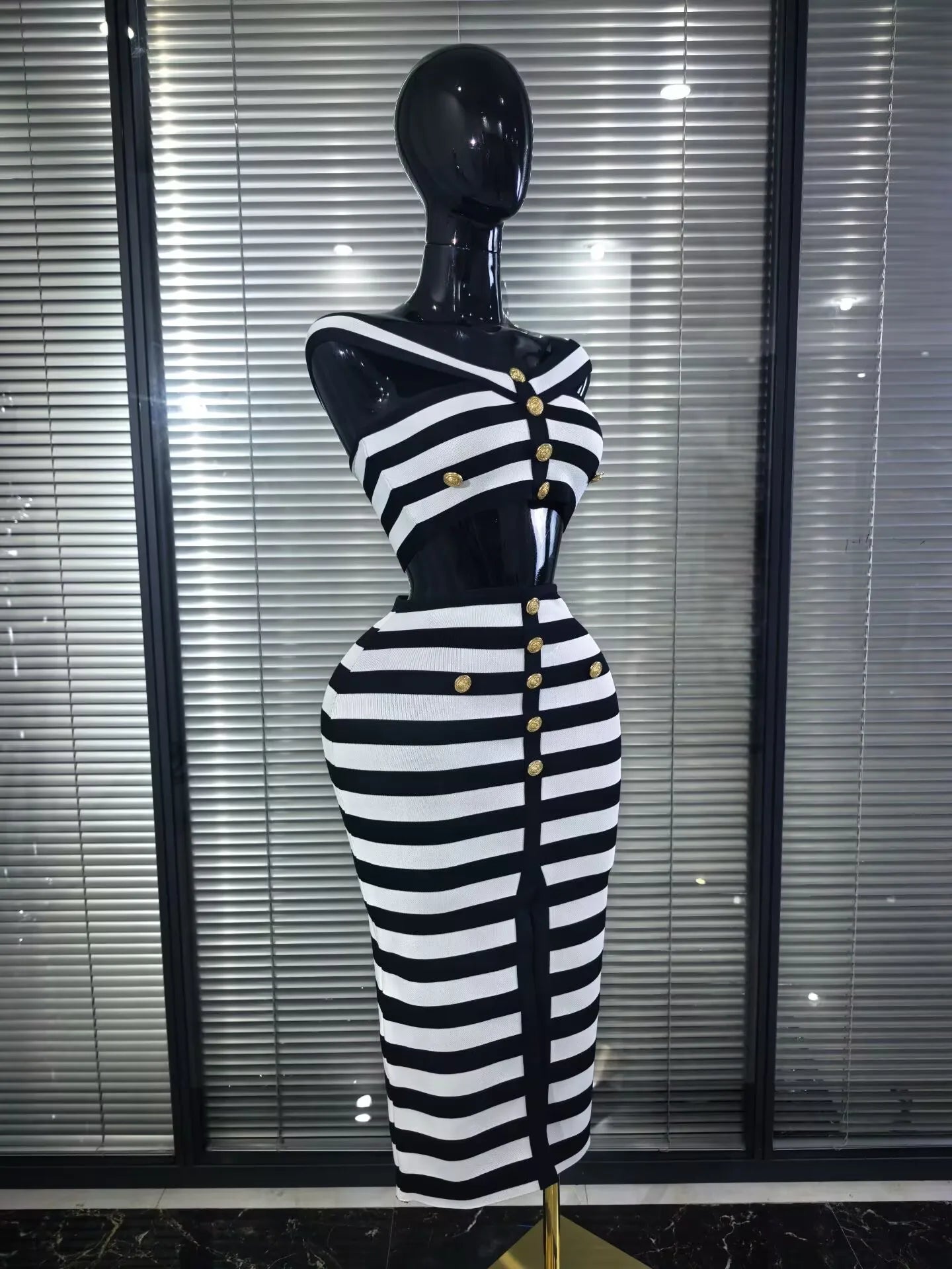 High Quality Women Sexy Slash Neck Striped 2 Pieces Bodycon Midi Bandage Dress Nightclub Party Celebrate Evening Clothing