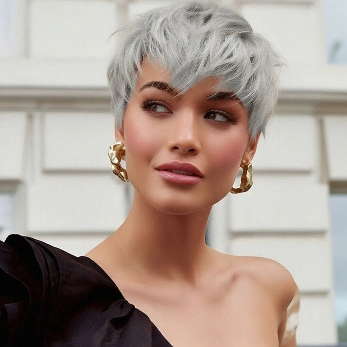Gray Straight Layered Pixie Cut Human Hair Wig for Women