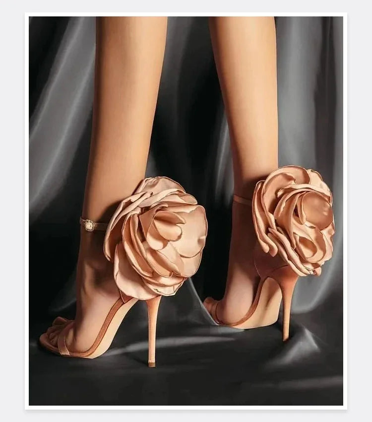 Floral Round Toe Slim Heel Party Sandals for Women