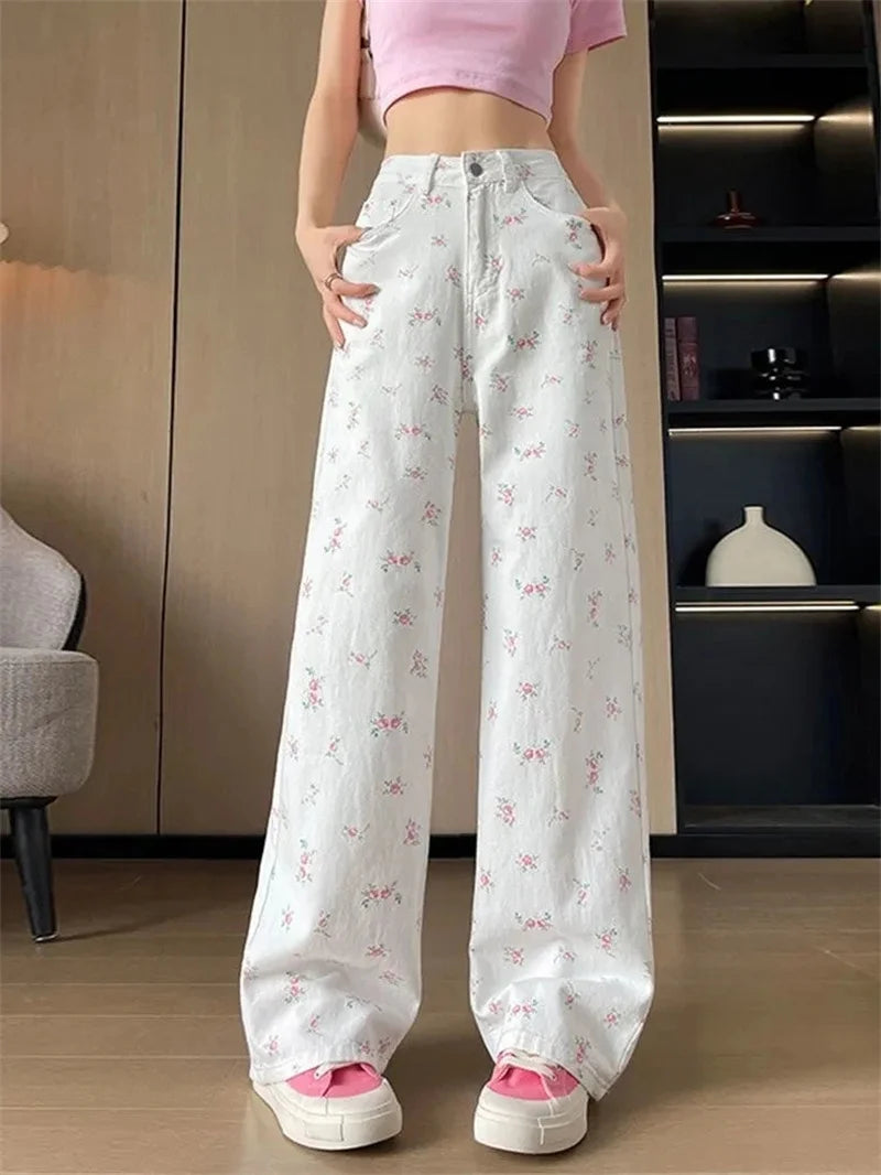 High Rise Wide Leg Printed Denim Pants For Women