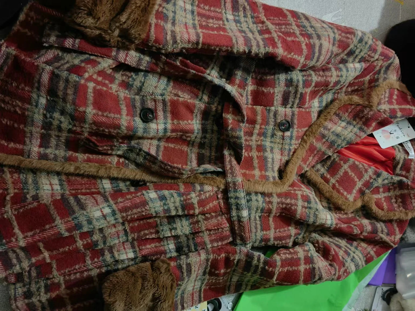 Women's Double Breasted Plaid Coat, Woolen Jacket , V-Neck, Loose Tops, Female Clothes, Sweet, New, Autumn, Winter