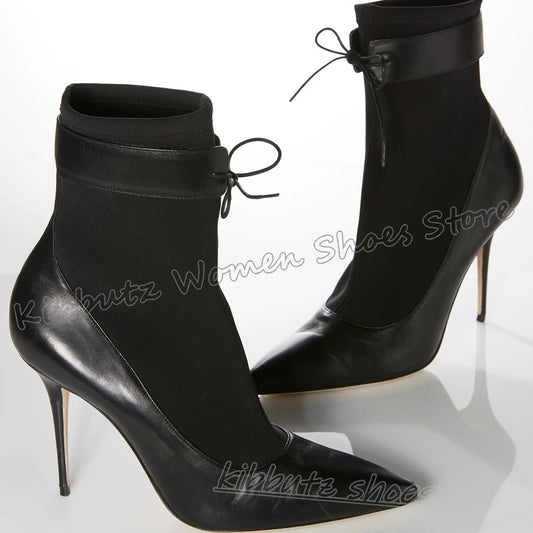 Patchwork Ankle Boots Lace-Up Leather Solid Color Novelty Luxury Elegant Concise Sexy Fashion Women Shoes New Pointy Thin Heels