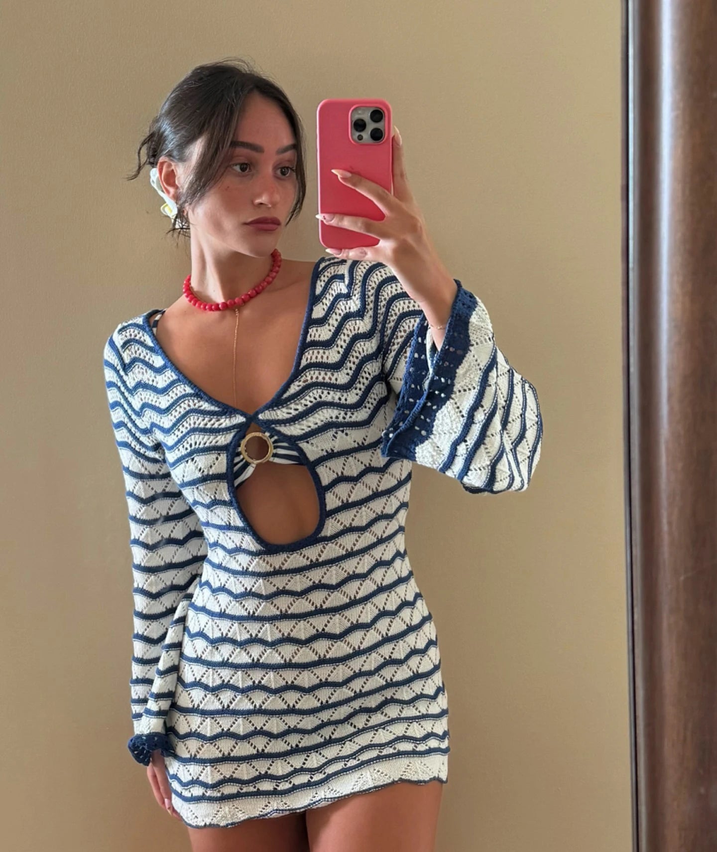 Sexy Boho Striped Chic V-neck Cut Out Bell Sleeve Knit Beach Mini Dress 2025 Summer Women Seaside Holiday Swimsuit Cover Up K123