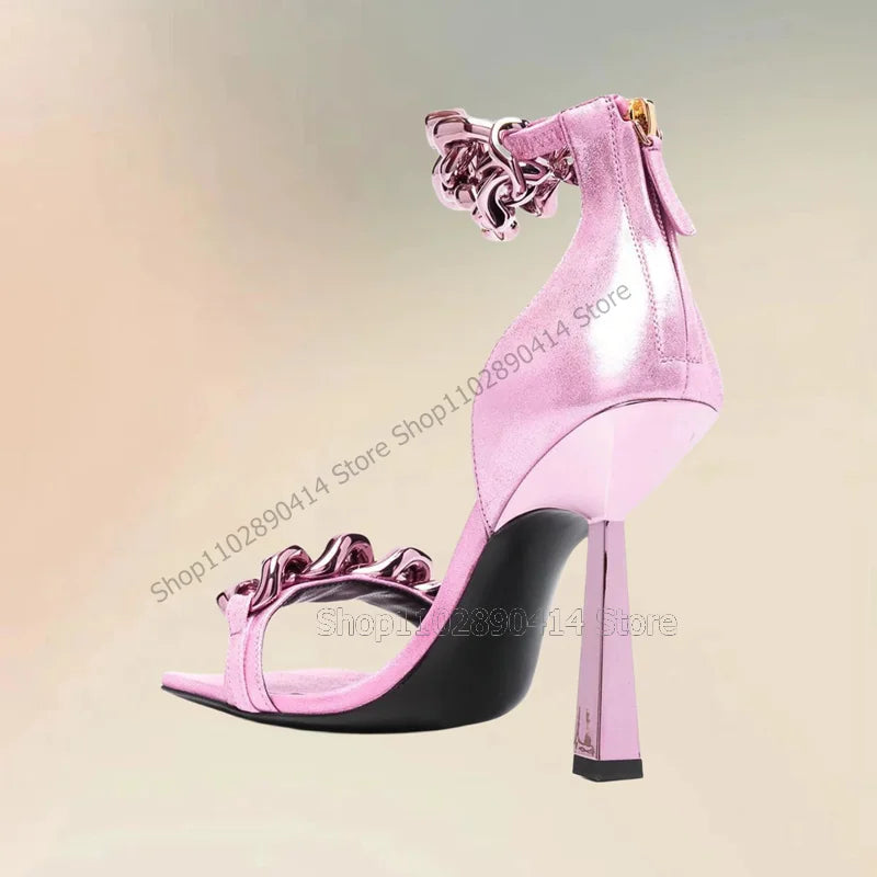 Snakeskin Print Gold Chain Decor Open Toe Sandals for Women