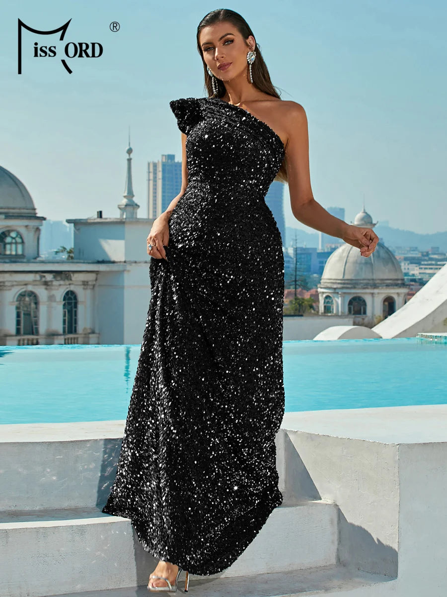 Missord Grey Sequin Wedding Party Dress Elegant Women One Shoulder Sleeveless Ruffles A-line Prom Evening Dresses Long Gown