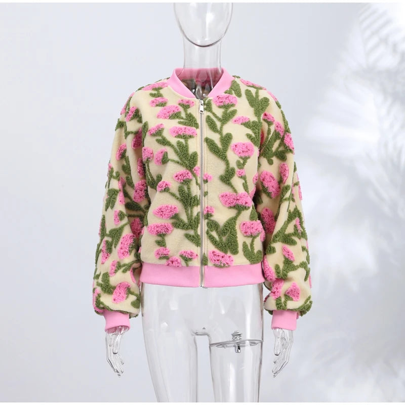 Casual Floral Print Bomber Jacket With Collar For Women