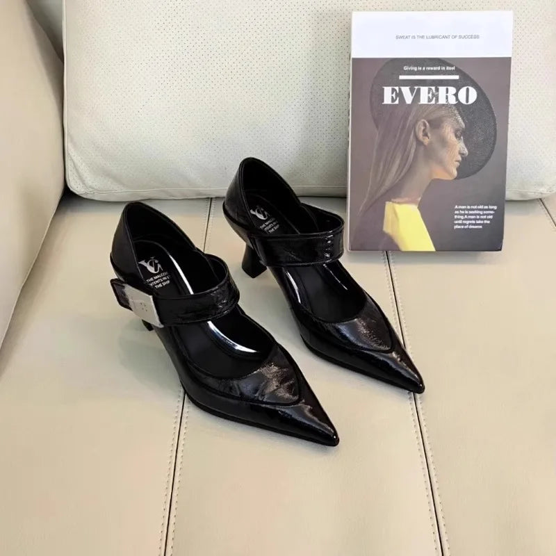 Soft Leather Pointed Toe Pumps With Metal Buckle for Women