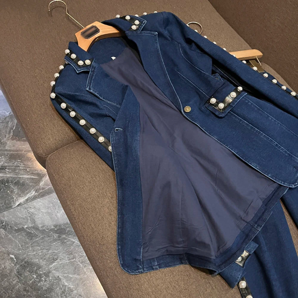 TWOTWINSTYLE Blue Denim Pearl Embellished Suit for Women Tailored Blazer Flared Pants Two Piece Set for Fashion Shows KSE559320