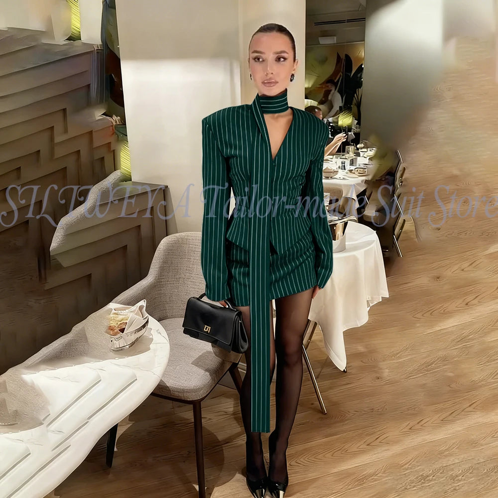 Single Breasted Blue Striped Blazer Skirt Set for Women