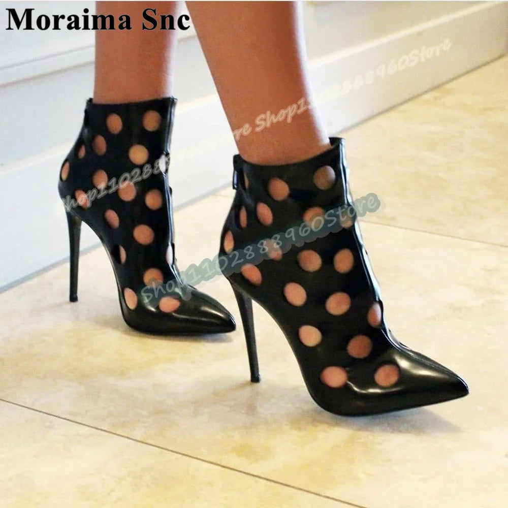 Black Leather Cutout Pointed Toe Stiletto Sandals For Women