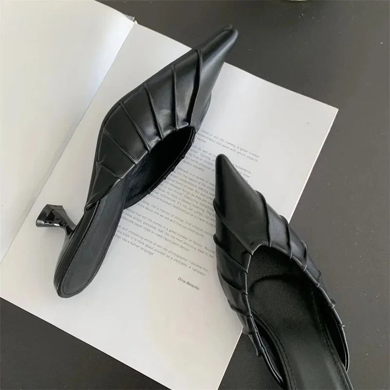 Casual Pleated Thin Heel Cushioned Slides for Women