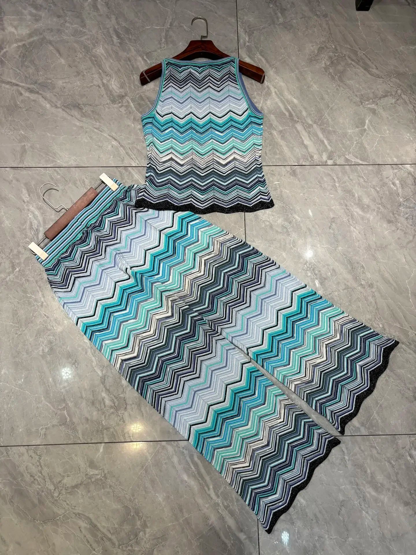 Blue Chevron Knit Sleeveless Top and Wide Leg Pants Set for Women