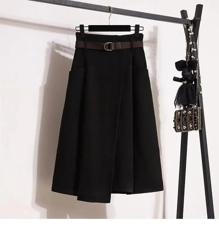 High Waisted Black Wool Midi Skirt With Pockets for Women
