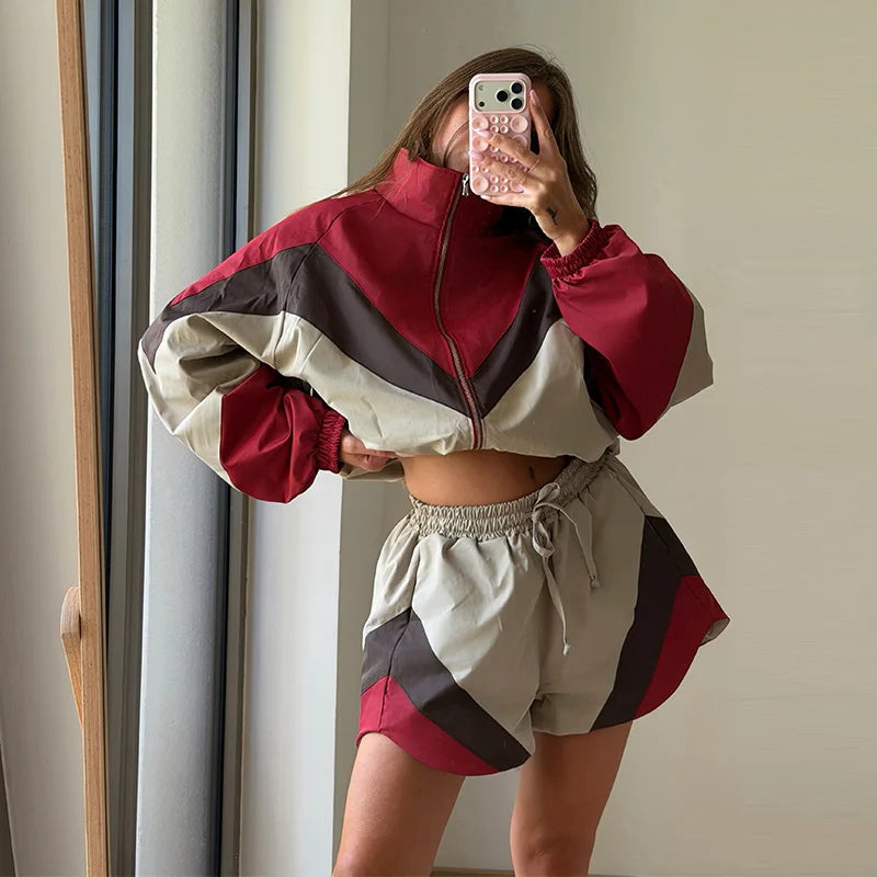 Contrast Color Zip Jacket and Shorts Two Piece Set for Women