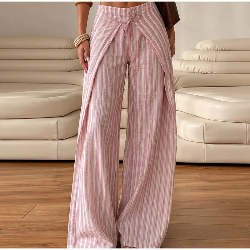 Pink And White Striped Wide Leg Pants With Sash Belt for Women