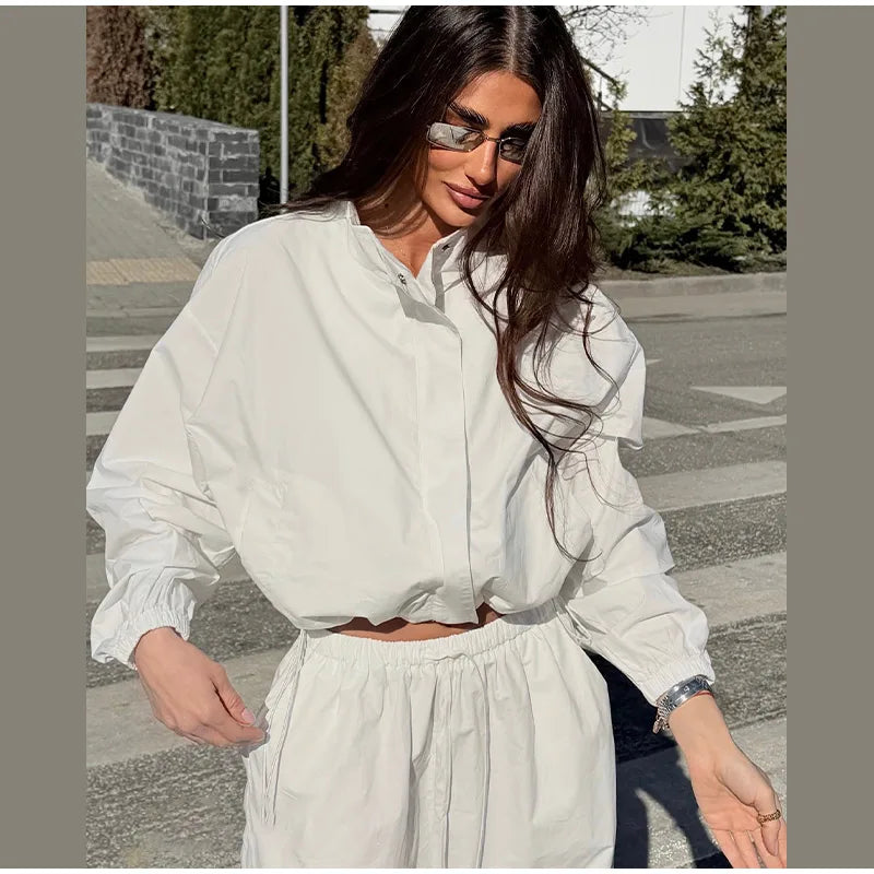 Solid Loose Suit Set with Stand Collar Crop Top and Drawstring Pants for Women