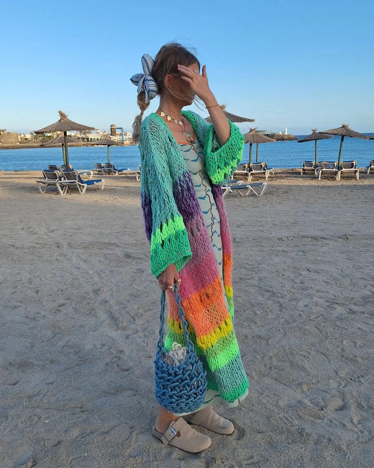 Boho Colorful Luxuriously Handknit Bell Sleeve Crochet Loose Kimono Cardigan 2024 Women Fall Winter Coat Beach Coverup Dress K12