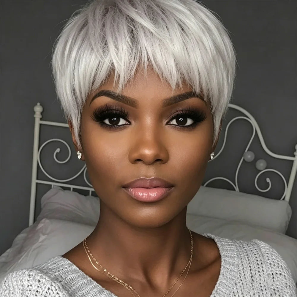 Silver Gray Textured Pixie Human Hair Wig for Women