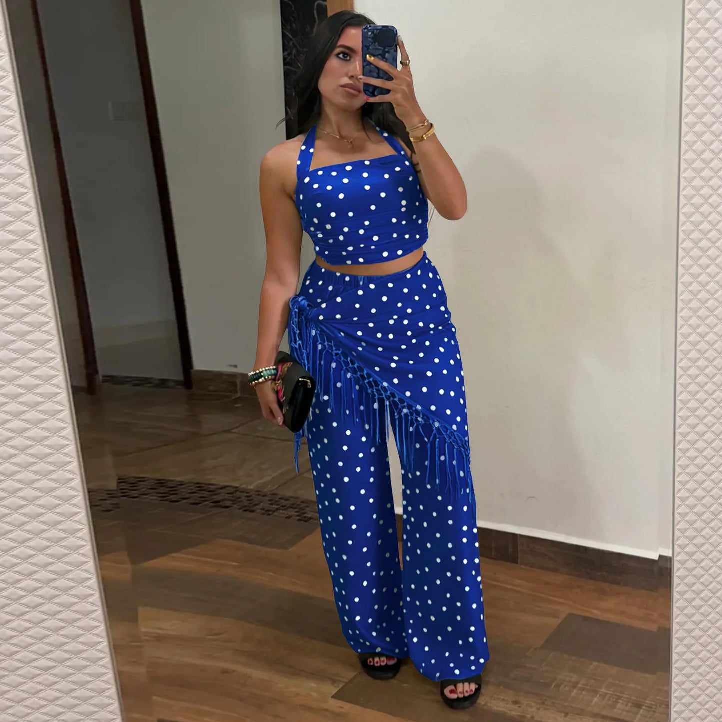 Polka Dot Print Halter Crop Top Tassel Fringe Two Piece Outfit for Women