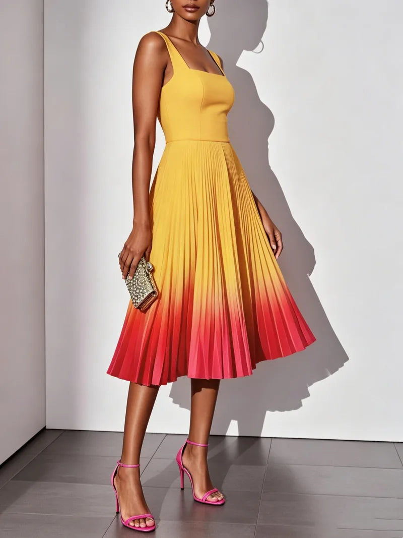 Sleeveless Gradient Print A Line Pleated Midi Dress for Women