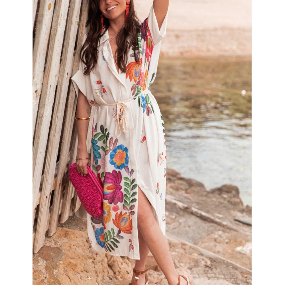Bohemian Printed Lace-Up Loose-Fit Midi Dress for Women