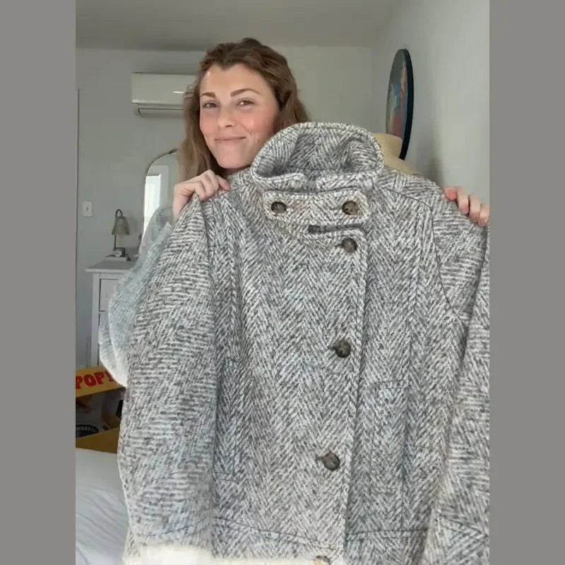 Elegant Print Stand Collar Tailored Long Coat for Women