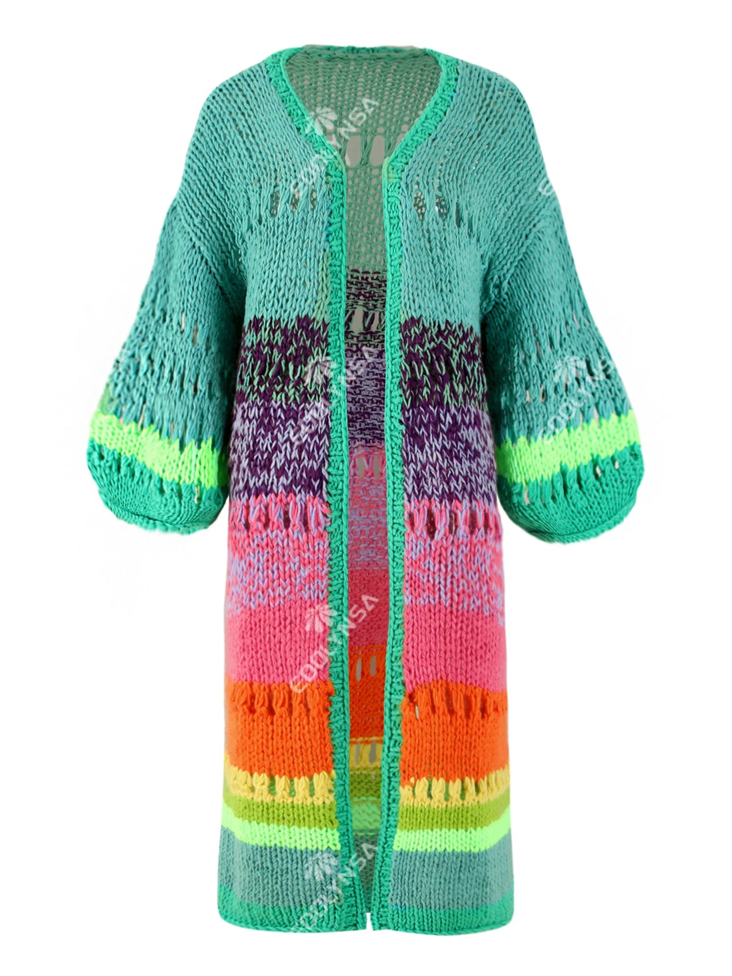 Boho Colorful Luxuriously Handknit Bell Sleeve Crochet Loose Kimono Cardigan 2024 Women Fall Winter Coat Beach Coverup Dress K12