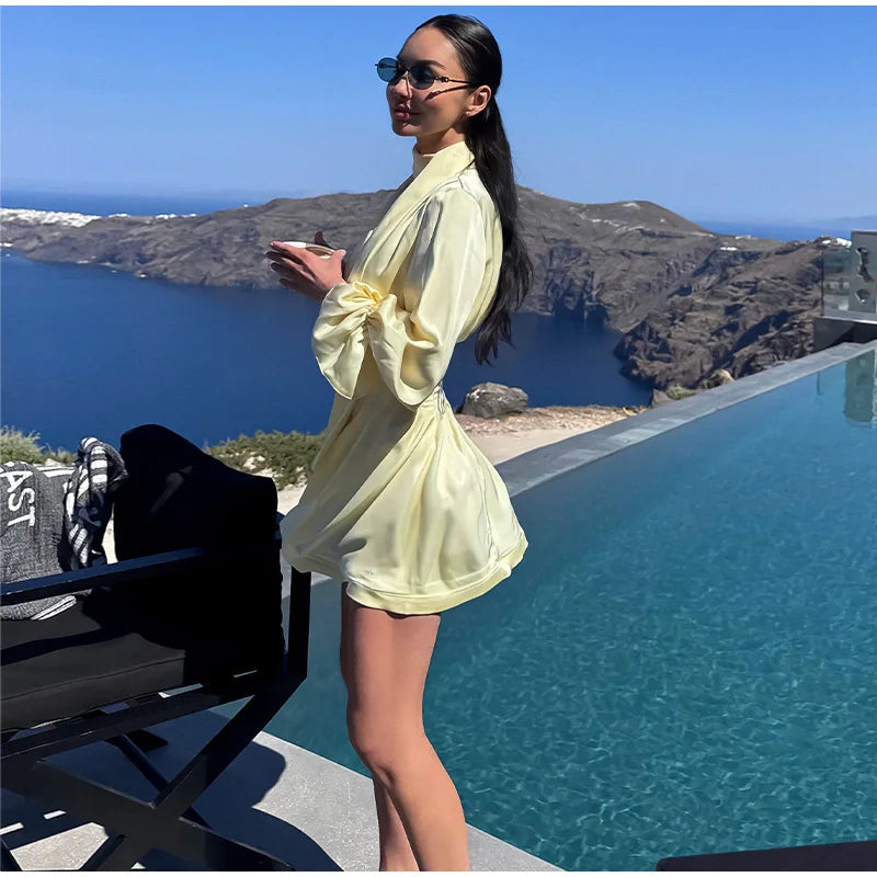 Pale Yellow Satin Puff Sleeve Ruched Waist Dress For Women