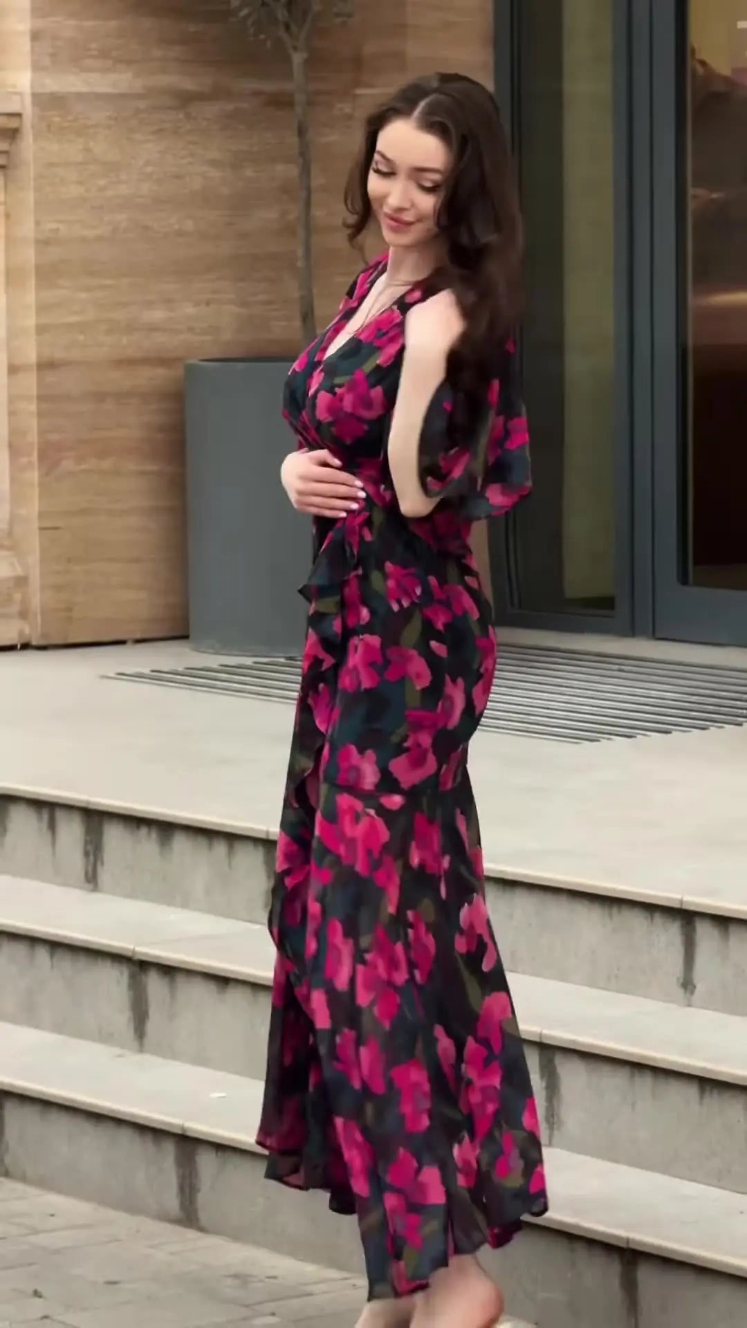 V Neck Floral Print Short Sleeve Ankle Length Dress for Women