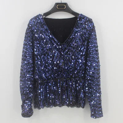 Ladies New Heavy Handmade Bling Beaded Sequins Batwing Sleeve Top Slimming Oversized Blouse Elegant Nightclub Pullover Shirts