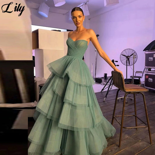 Lily Sage Green Sleeveless Long Party Dress Tiered Layer Net Vintage Night Dress Sweetheart Celebrity Dresses vestidos de fiesta
