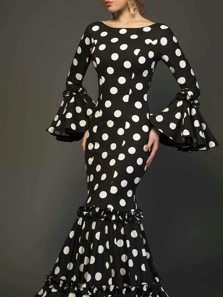 Elegant Polka Dot Ruffle Tiered Evening Dress For Women