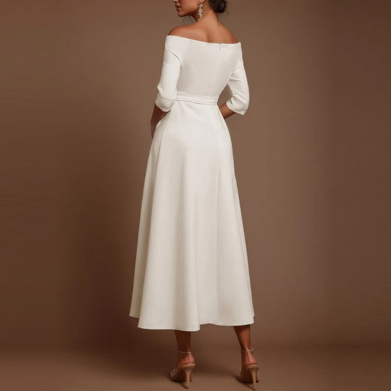 Women Sexy Off Shoulder Half Sleeve Party Dress Elegant Temperament Waist Solid Long Dress Fashion Draped Belt Tie-Up Maxi Dress