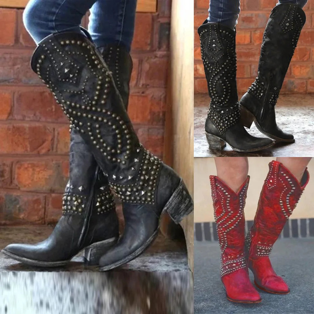 Riveted Western Pointed Toe Knee High Boots For Women