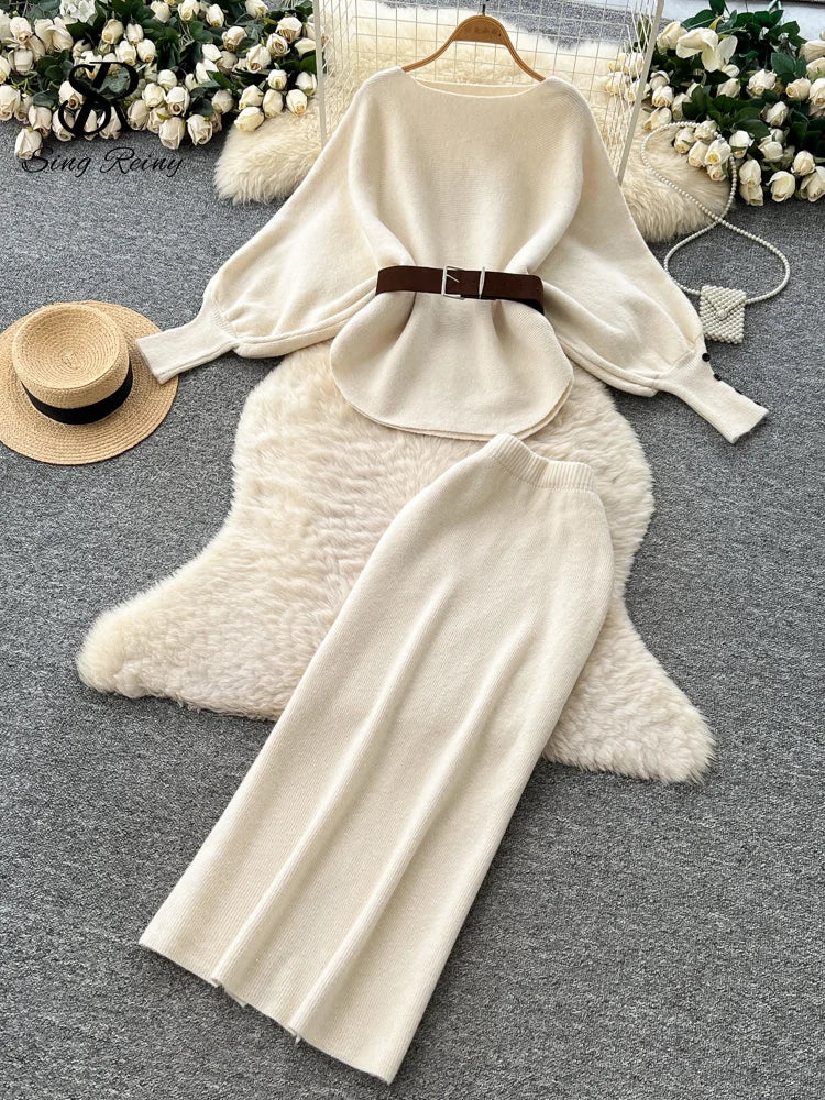 Batwing Sleeve Knit Top and High Waist Skirt Set for Women
