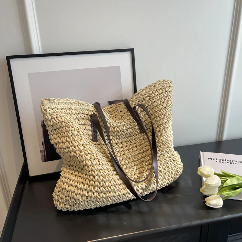 Large Capacity Straw Woven Shoulder Tote Bag for Women