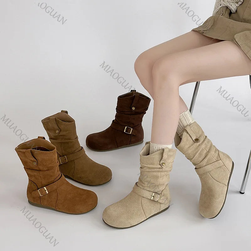 Retro Suede Buckle Slip On Western Ankle Boots for Women