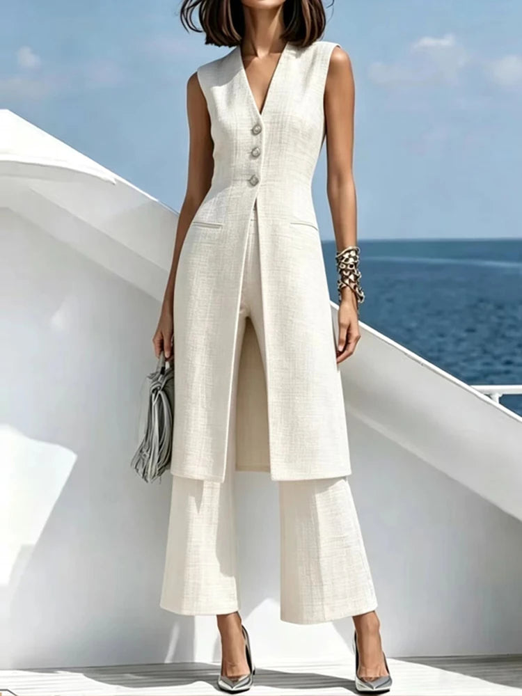 Elegant V-Neck Sleeveless Two-Piece Pants Set for Women