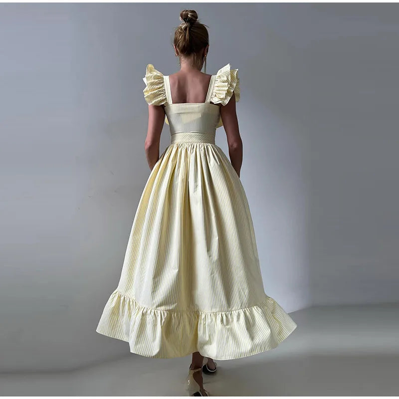 Solid Striped Fly Sleeve Women 's Dress Solid V-neck Single Breasted Draped Front Split Dressess Female Summer Lady Party Robes