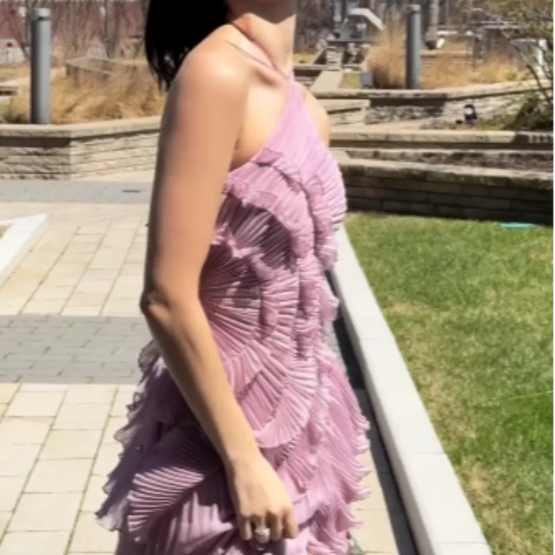 Chic Pleated Halter Neck Long Vacation Dress High Quality Purple Strapless Lotus Edge Maxi Dress 2025 New Lady Vacation Gown