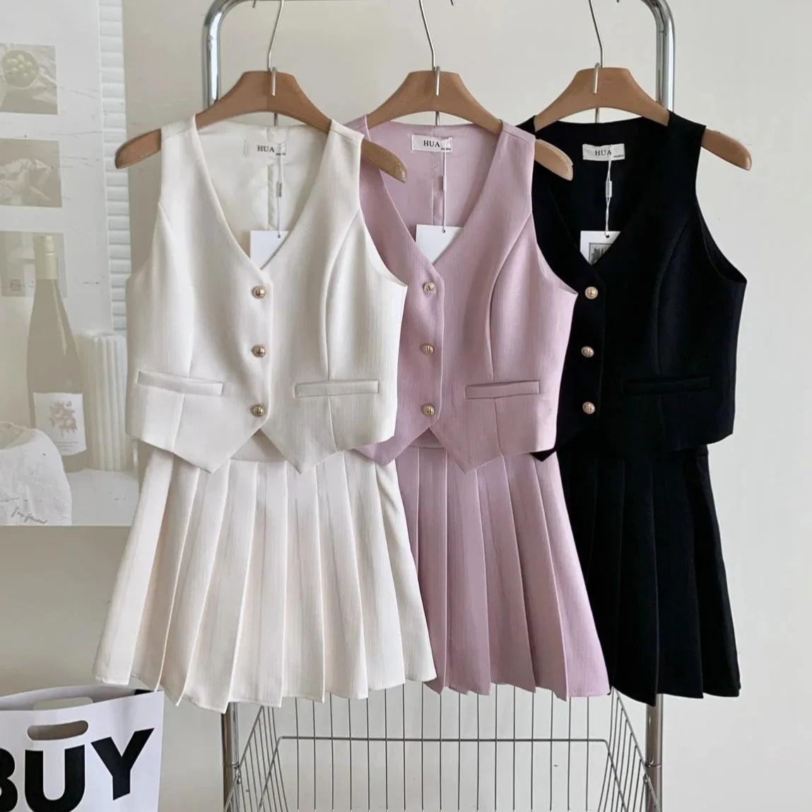 Elegant High Waist Pleated Skirt And Vest Set For Women