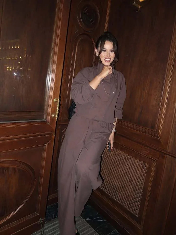 Lace Up Stand Collar Wide Leg Two Piece Set for Women