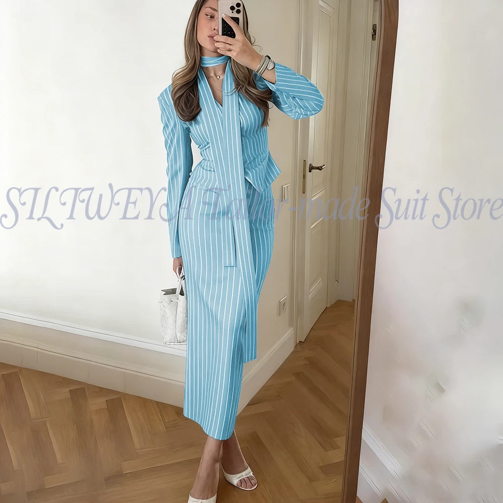 Single Breasted Blue Striped Blazer Skirt Set for Women