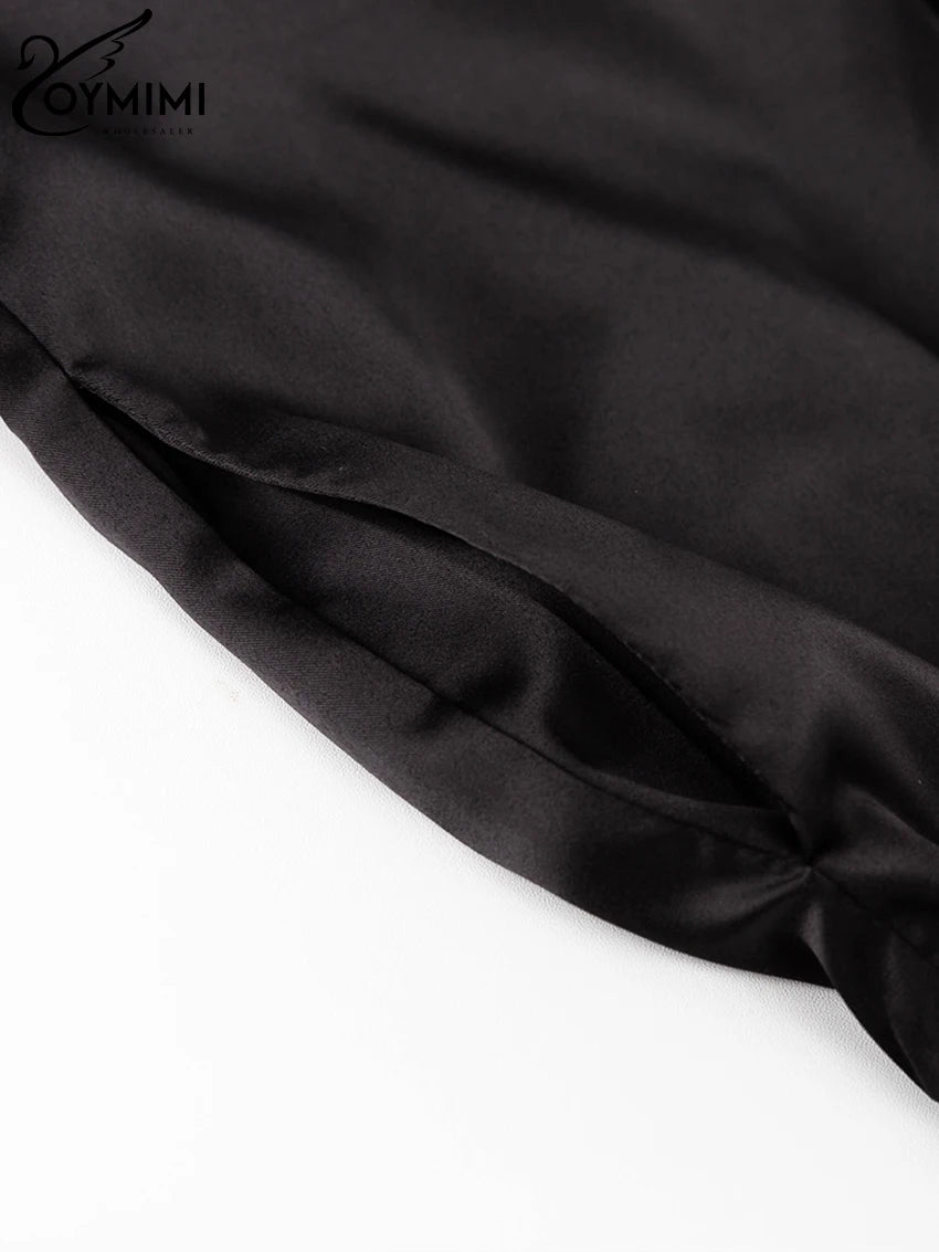 Oymimi Fashion Black Satin Patchwork 2 Piece Set Women Outfit Streetwear Long Sleeve Shirt With High Waist Pant Sets Y2k Clothes