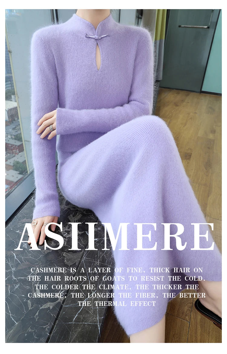 Cashmere Knit Dress with Stand Up Collar and Buckle for Women