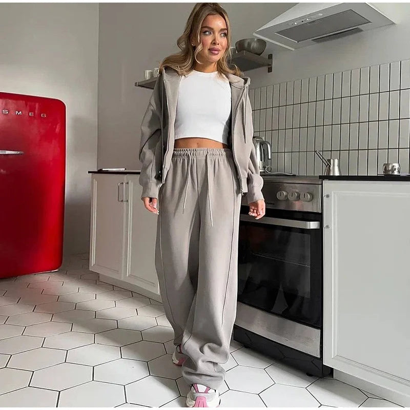 Casual Hooded Jacket and Wide Leg Pants Set for Women