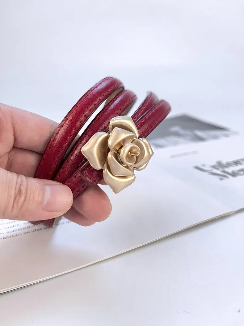 Double Sided Metal Flower Buckle Thin Belt for Women