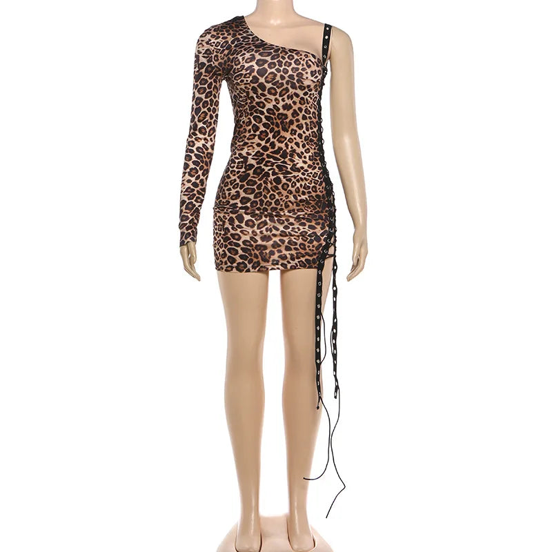 Leopard Print Off Shoulder Backless Bandage Patchwork Dress for Women
