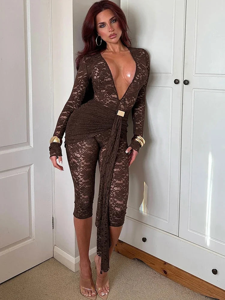 Low Neck See Through Jacquard Long Sleeve Romper for Women