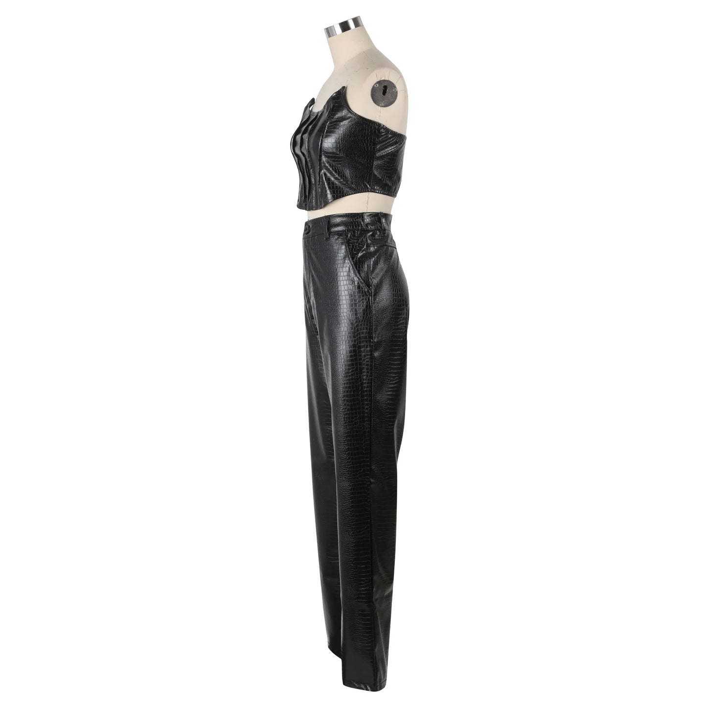 Green Faux Leather Corset Cut-Out Cargo Sleeveless Jumpsuit Set for Women